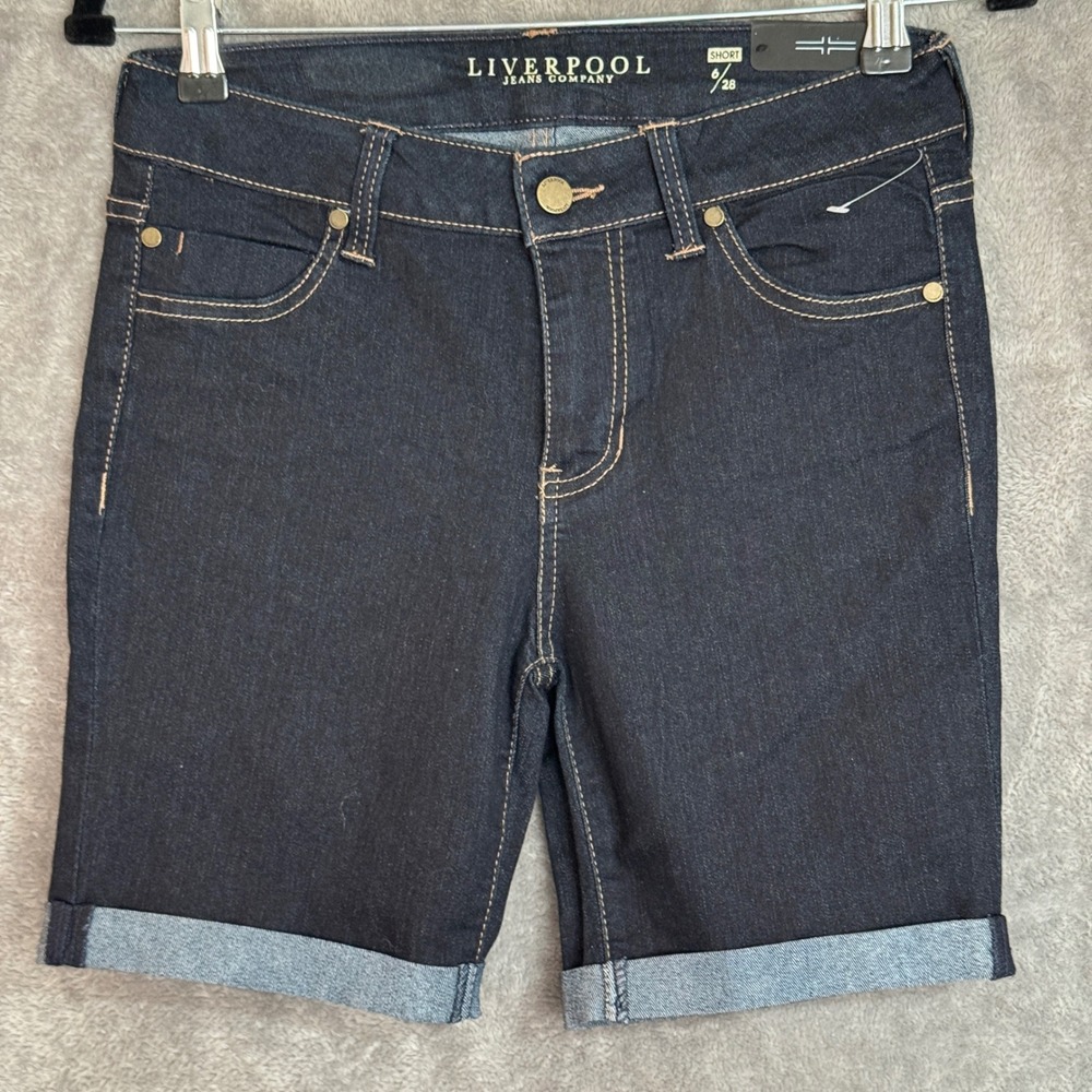 Liverpool Dark Indigo Stretch Denim Cuffed Shorts Classic‎ Preppy Size 6/28 NWT